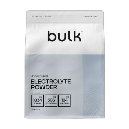 Weiß-graue Standbeutel-Verpackung bulk Electrolyte Powder Unflavoured mit Nährwertangaben, weißer Hintergrund