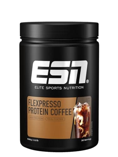 Schwarze Dose ESN Flexpresso Protein Coffee mit braunem Etikett und Eiskaffee-Abbildung, weißer Hintergrund