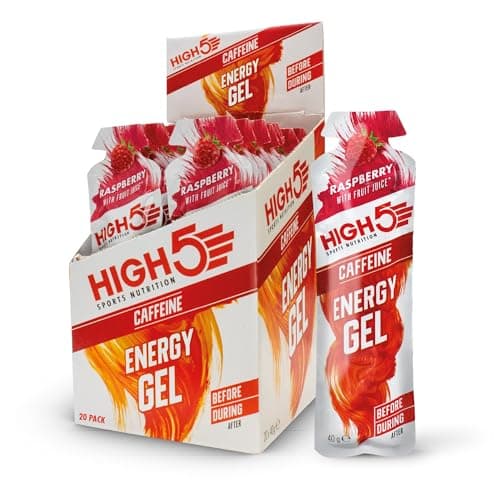 HIGH5 Energy Gel Caffeine Raspberry, geöffnete 20er-Box mit Beuteln und einzelnem Sachet davor
