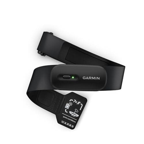 Schwarzer Garmin Brustgurt mit Sensormodul und grüner LED vor weißem Hintergrund
