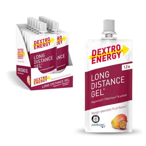 Dextro Energy Long Distance Gel Mango-Maracuja, Umkarton mit Beuteln und einzelner Standbeutel
