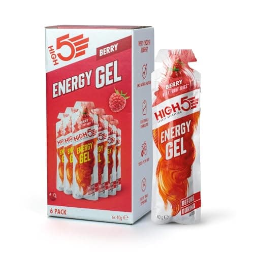 HIGH5 Energy Gel Berry Verpackung mit sechs roten Beuteln, einzelner Beutel daneben, weißer Hintergrund