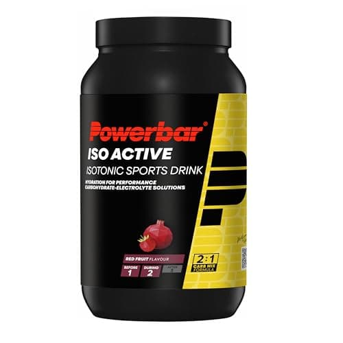 Schwarze Dose PowerBar Iso Active Red Fruit mit gelbem Etikett und Granatapfel-Abbildung