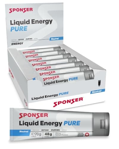 Sponser Liquid Energy Pure Neutral, geöffnete Box mit Tuben und einzelne Tube davor