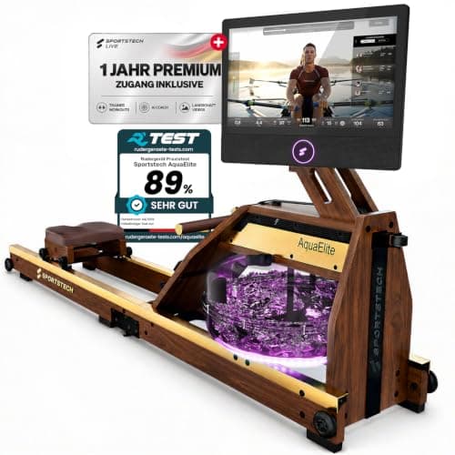 Sportstech AquaElite Wasserrudergerät aus Holz mit Display, lila beleuchtetem Wassertank und Testsiegel-Grafiken