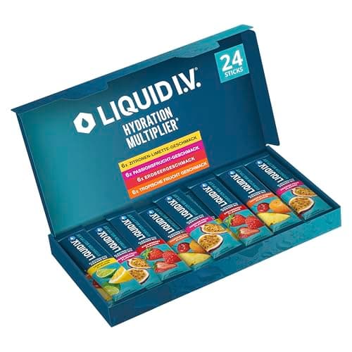 Blaue geöffnete Box Liquid I.V. Hydration Multiplier mit 24 Sticks in vier Geschmacksrichtungen