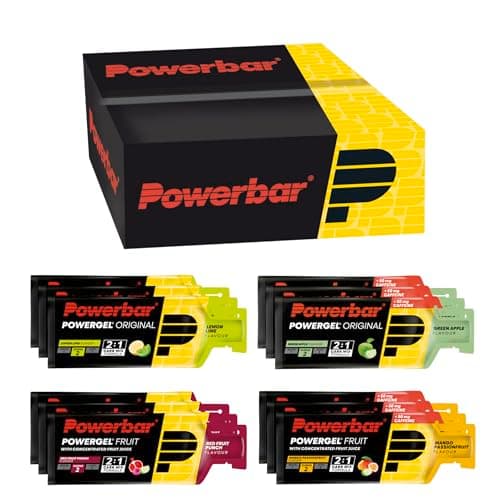Powerbar-Karton mit Powergel-Beuteln in vier Sorten, schwarz-gelbe Verpackung, weißer Hintergrund