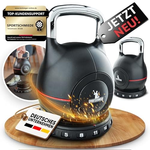 Schwarze verstellbare Kettlebell mit Chromgriff auf Holzplatte, Werbegrafik mit Siegel und Störern
