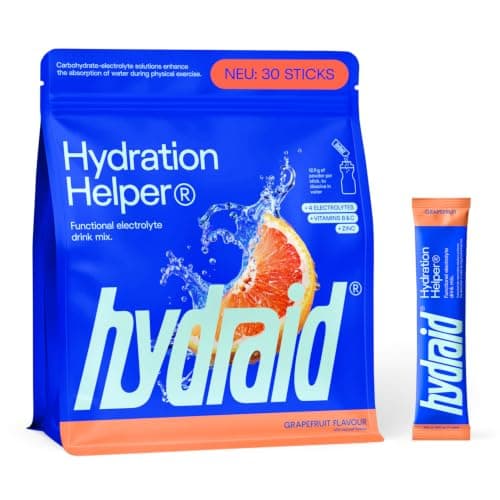 Blauer Standbeutel Hydraid Hydration Helper mit Grapefruit-Motiv und einzelnem Stick, weißer Hintergrund
