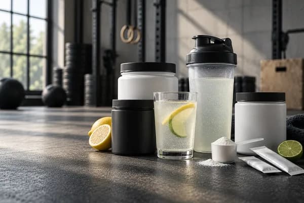 Elektrolyte-Pulver im Vergleich mit Shaker, Elektrolytgetränk, Pulver, Portionsbeuteln sowie Zitrone und Limette im Fitnessstudio.