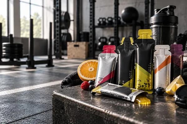 Energy Gel Vergleich: Verschiedene Energie-Gels und Kohlenhydrat-Gels für Ausdauertraining und HYROX neben Shaker, Sportuhr, Laufschuhen, Orange, Zitrone und Beeren in einem modernen Fitnessstudio - ideal zur schnellen Energieversorgung beim Sport