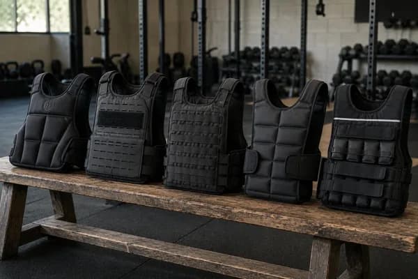 Verschiedene schwarze Gewichtswesten auf einer Holzbank aufgereiht für ein Calisthenics- und Krafttraining im Fitnessstudio