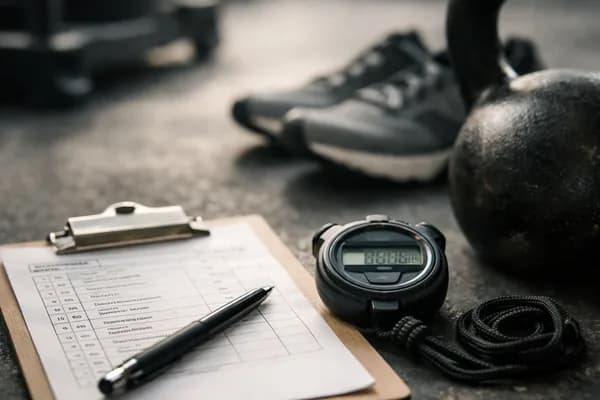 Klemmbrett mit Tabelle, Kugelschreiber, Stoppuhr, Kettlebell und Sportschuh auf grauem Boden