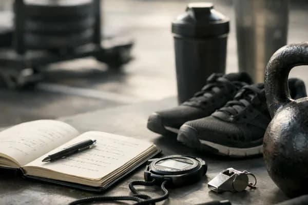 Notizbuch, Stift, Stoppuhr, Trillerpfeife, Kettlebell, Sportschuhe und Shaker auf grauem Tisch