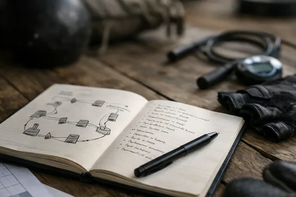 Aufgeschlagenes Notizbuch mit Skizze und Stift auf Holztisch, Kettlebell, Springseil, Handschuhe