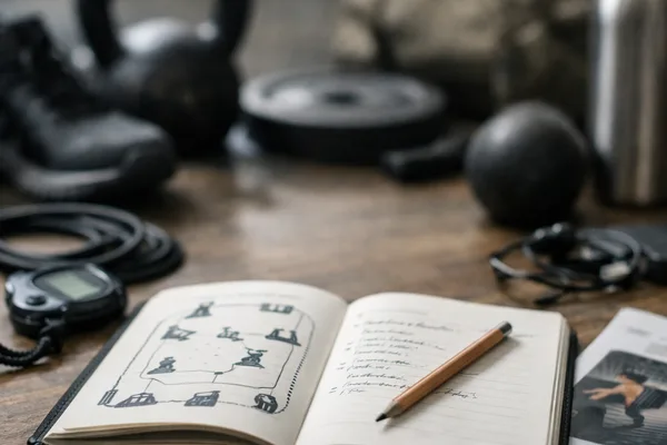 Aufgeschlagenes Notizbuch mit Bleistift auf Holztisch, dahinter unscharf Kettlebell, Hantelscheibe, Trinkflasche