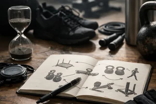 Aufgeschlagenes Notizbuch mit Trainingsskizzen, Stift, Sanduhr, Kettlebell, Sportschuhen und Springseil auf Holztisch