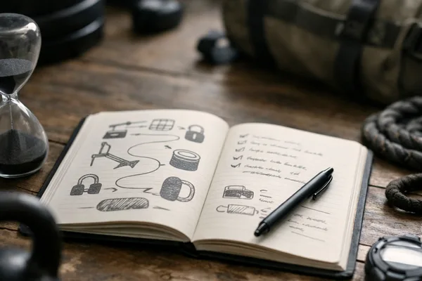 Aufgeschlagenes Notizbuch mit Skizzen und Stift auf Holztisch, Kettlebell, Sanduhr, Sporttasche, Stoppuhr
