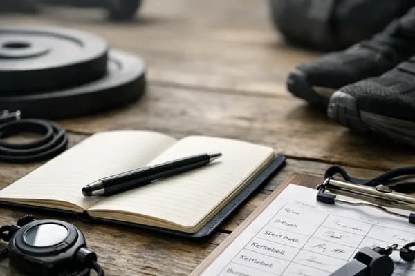 Aufgeschlagenes Notizbuch mit Stift, Stoppuhr, Klemmbrett mit Trainingsliste, Trillerpfeife und Hantelscheiben auf Holztisch