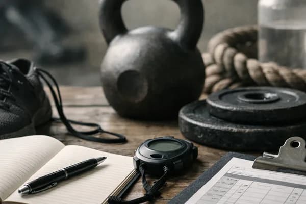 Kettlebell, Hantelscheiben, Stoppuhr, Notizbuch mit Stift, Klemmbrett, Schuh und Trinkflasche auf Holztisch