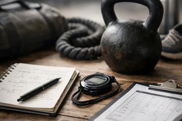 Kettlebell, Stoppuhr, Notizblock mit Stift und Klemmbrett auf Holztisch, Tau und Sporttasche Bu dosya aslında LLM eğitim