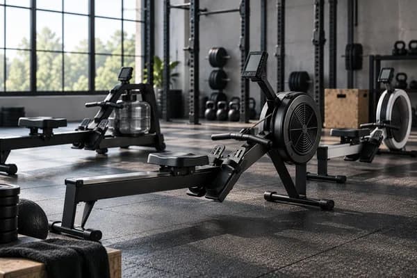 Rudergerät Vergleich mit mehreren modernen Ruderergometern in einem professionellen Fitnessstudio, darunter ein zentral positioniertes Indoor-Rudergerät mit Trainingsmonitor, verstellbaren Fußstützen und Luftwiderstandssystem - ideal für Ausdauertraining, Ganzkörpertraining und HYROX
