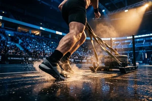 Cinematic Filmstill eines HYROX-Schlittenzugs in einer deutschen Event-Arena bei Nacht: Ein Athlet bei der Sled Push Disziplin mit fokussiertem Hybrid-Trainingsschuh, aufsprühndem Chalk-Staub und dramatischem Bernstein-Scheinwerferlicht